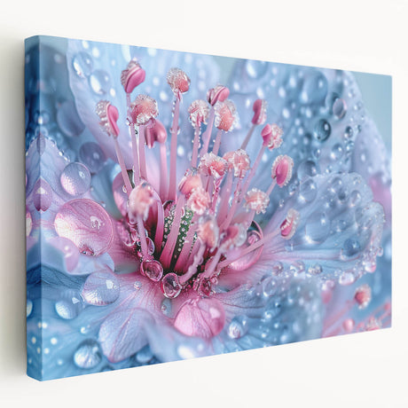 Close-up image of water droplets on a leaf on stretched canvas, featuring cool blue and green tones.