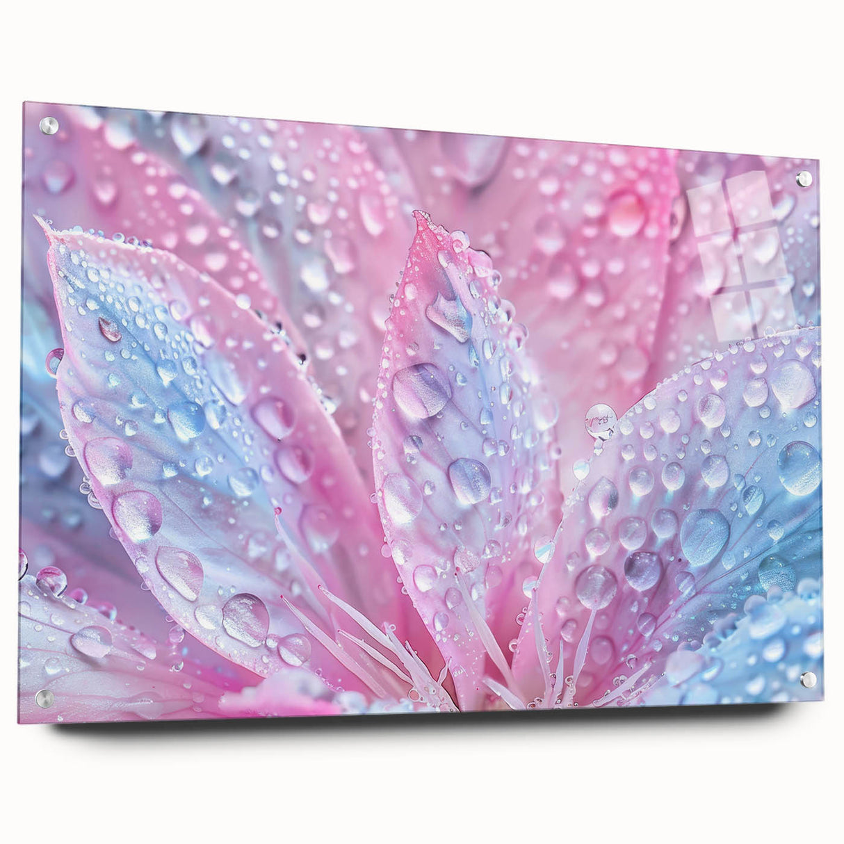 Close-up view of a water-themed large abstract wall art on acrylic glass, ideal for modern dining or bedroom decor.