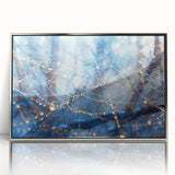 Mid-century modernist art featuring a close-up water design in silver and blue tones on framed acrylic.