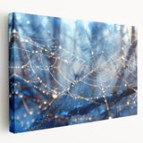Close-up water droplet design on a stretched canvas, featuring dark blue and clear tones, ideal for kitchen wall art.