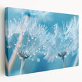 Close-up water droplets image on a stretched canvas, showcasing muted blue and gray tones, ideal for kitchen wall art.