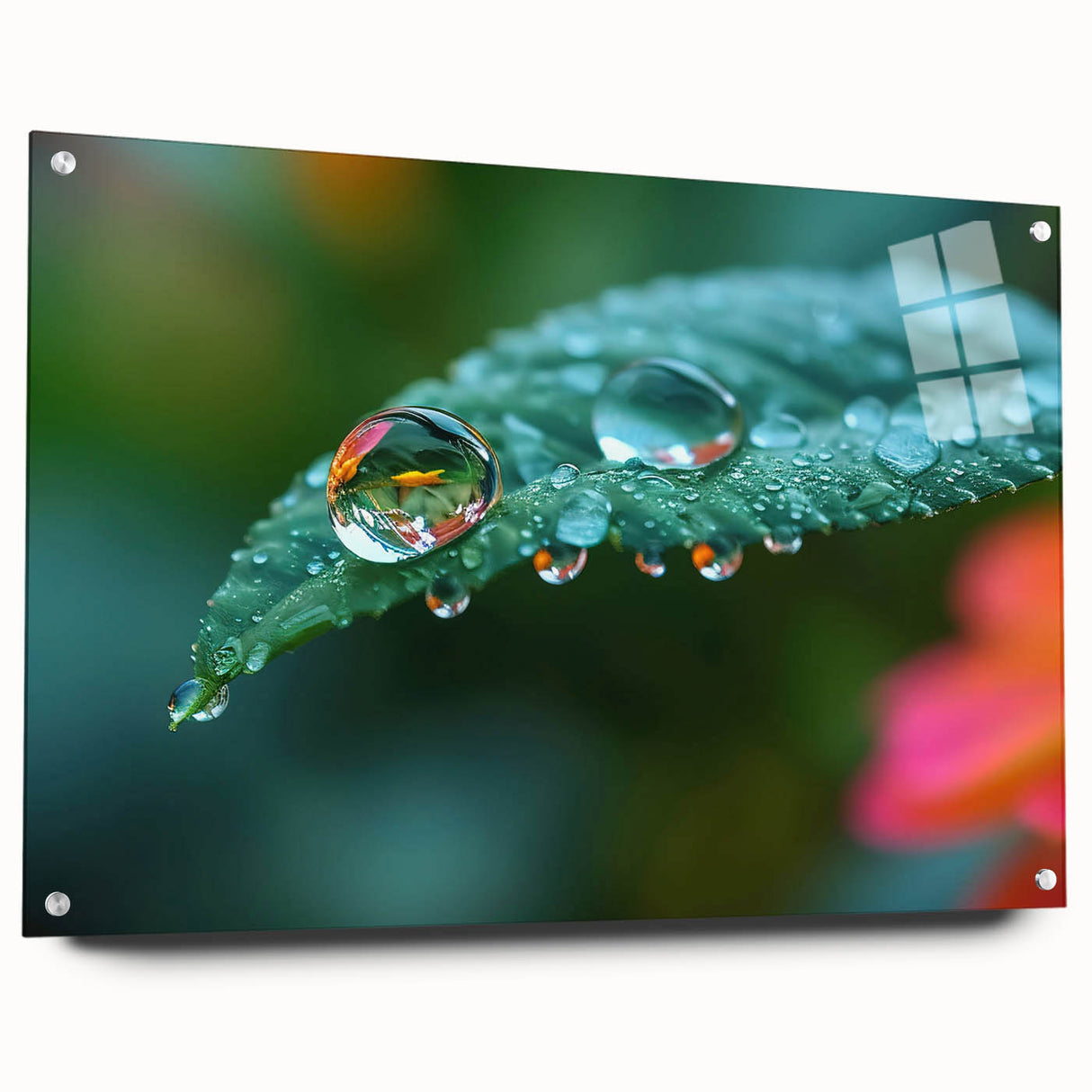 Close-up of water droplets on glass, in shades of blue and green, printed on acrylic glass.