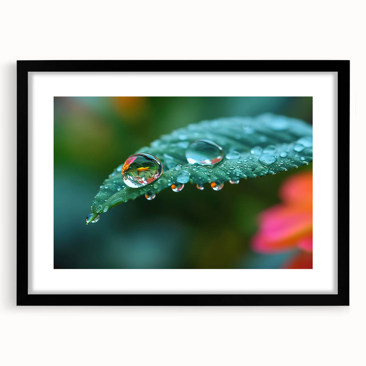 Extra large abstract art print featuring vibrant, textured swirls of blues and greens, framed with a black mat.