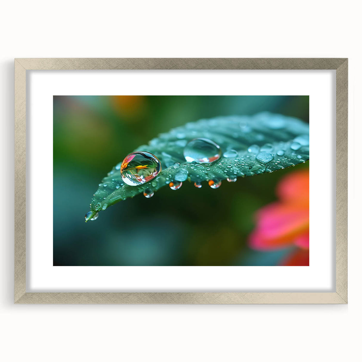 Textured art featuring abstract water design in muted blues and greens on a framed silver mat, ideal for bedroom decor.