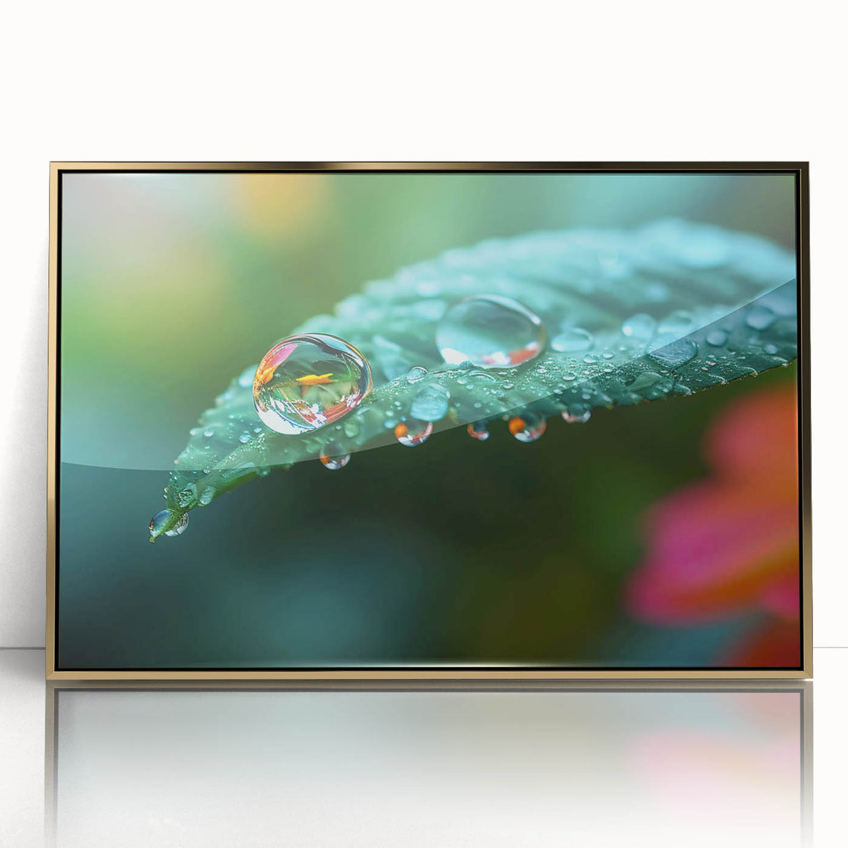 Large acrylic print of a close-up water design in gold tones, framed, mid-century modernist style.