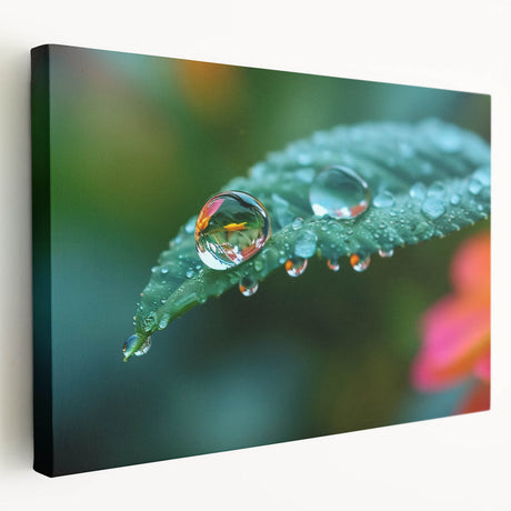 Close-up of water droplets on vibrant green leaf on stretched canvas, suitable for kitchen wall art.