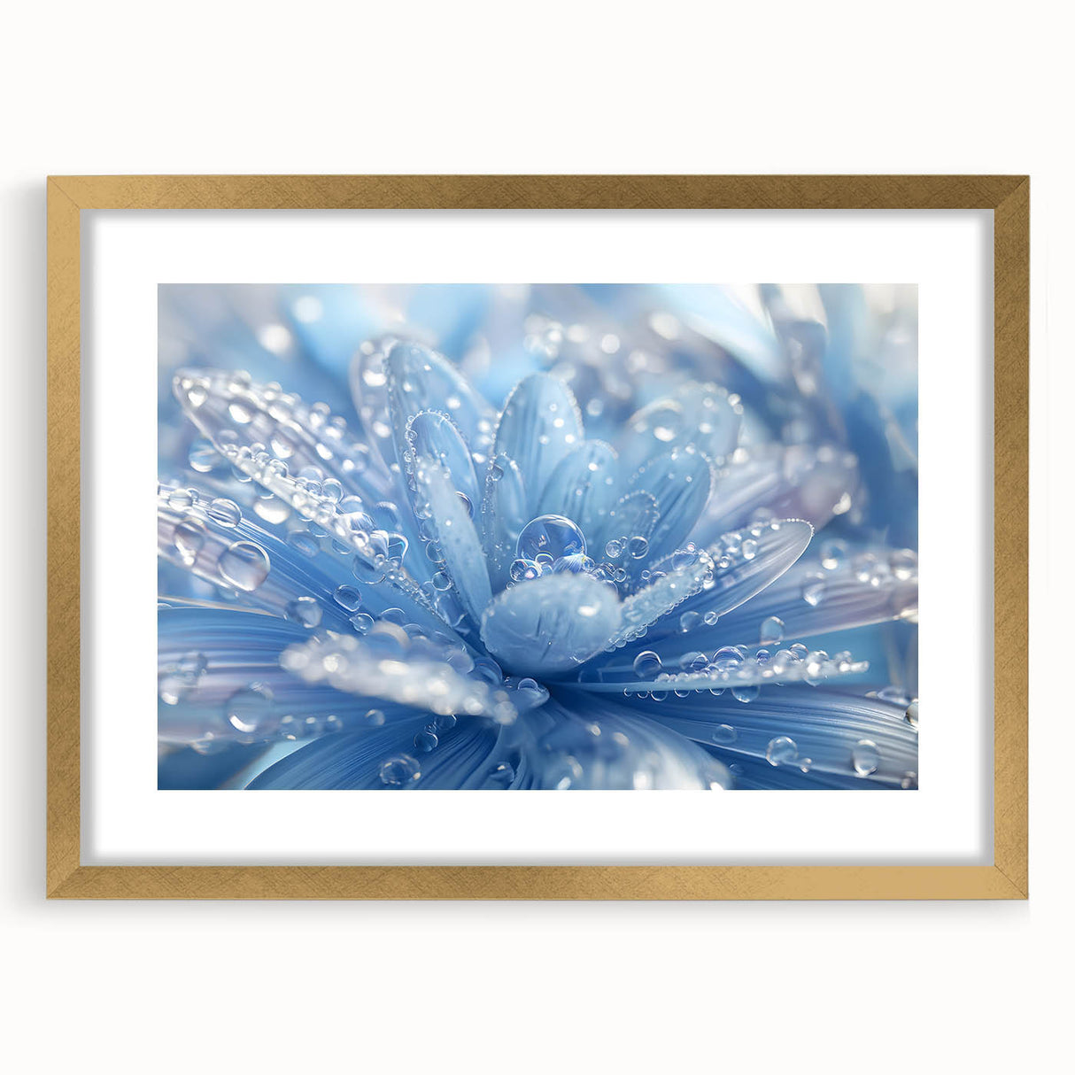 Extra large abstract art print featuring textured waves in blue and gray tones, framed in gold.