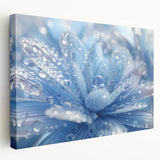Close-up image of water droplets on a vibrant blue surface, printed on stretched canvas, suitable for kitchen wall art.