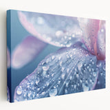 Close-up of water droplets on a leaf on stretched canvas, in soft blue and green hues, suitable for kitchen wall art.