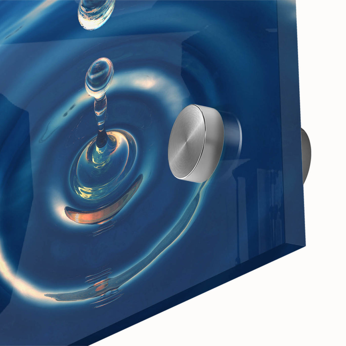 Large abstract wall art featuring close-up water design in blue and white tones on acrylic glass.