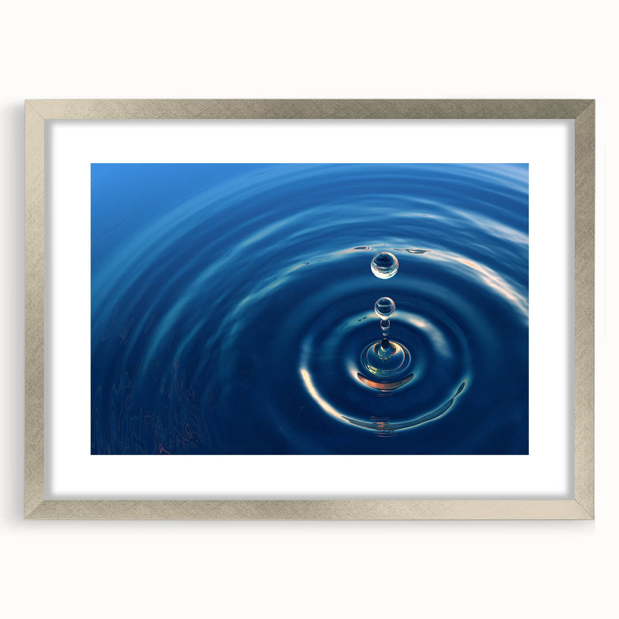 Textured art depicting abstract water design in muted blue and silver tones on a framed print, ideal for bedroom wall decor.