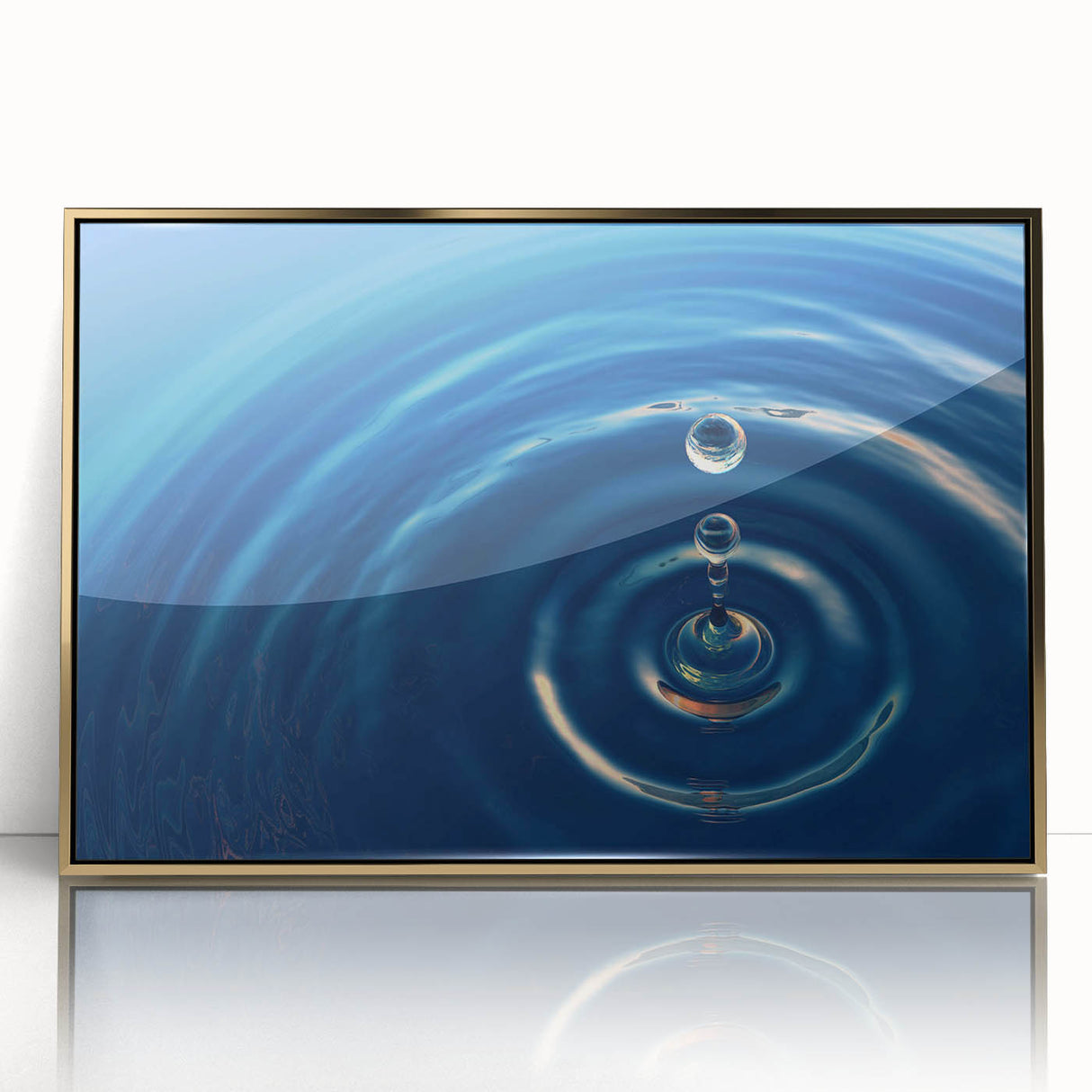 Close-up of water droplets on leaf, large art print in gold frame, mid-century modernist style.