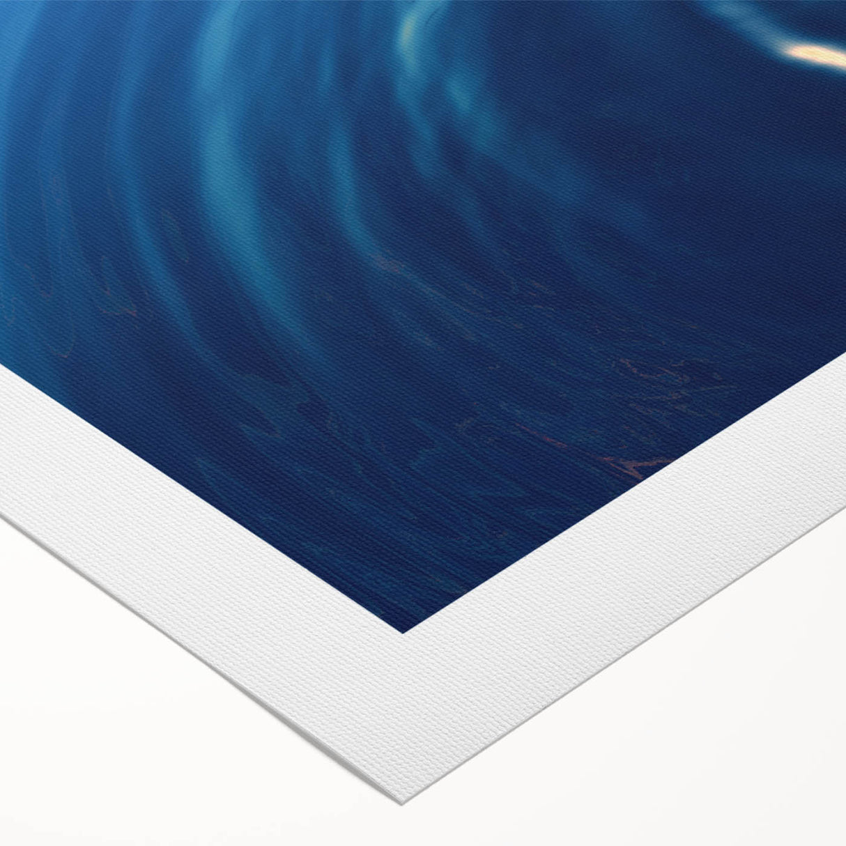 Art deco poster featuring close-up water motifs in blue and silver tones, printed on rolled canvas.