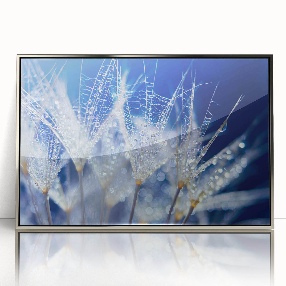Mid-century modernist art depicting close-up water design in muted blue and silver tones on framed acrylic.