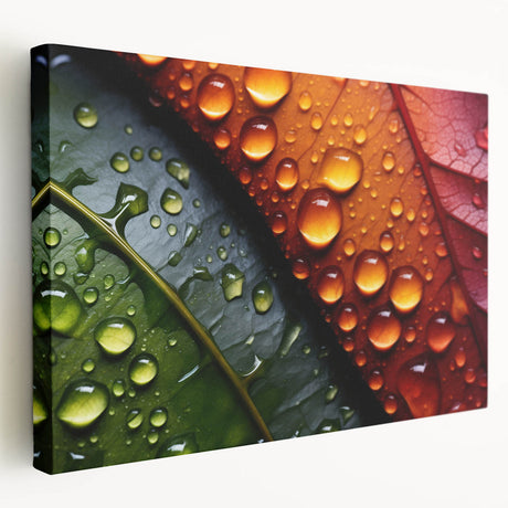 Close-up image of water droplets on a vibrant blue background, printed on a large stretched canvas.
