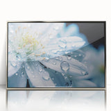 Mid-century modernist art featuring a close-up water design in cool blue and silver tones on a framed acrylic.