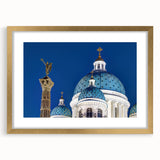 Textured art print of an abstract cathedral design in gold and beige tones, framed with a mat, ideal for bedroom wall decor.