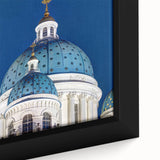 Extra large black wall art of a cathedral, featuring colorful, textured details on a framed canvas.