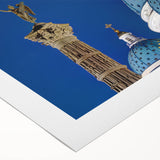 Art Deco poster of a cathedral design in muted gold and navy, printed on rolled canvas, suitable for dining room wall art.