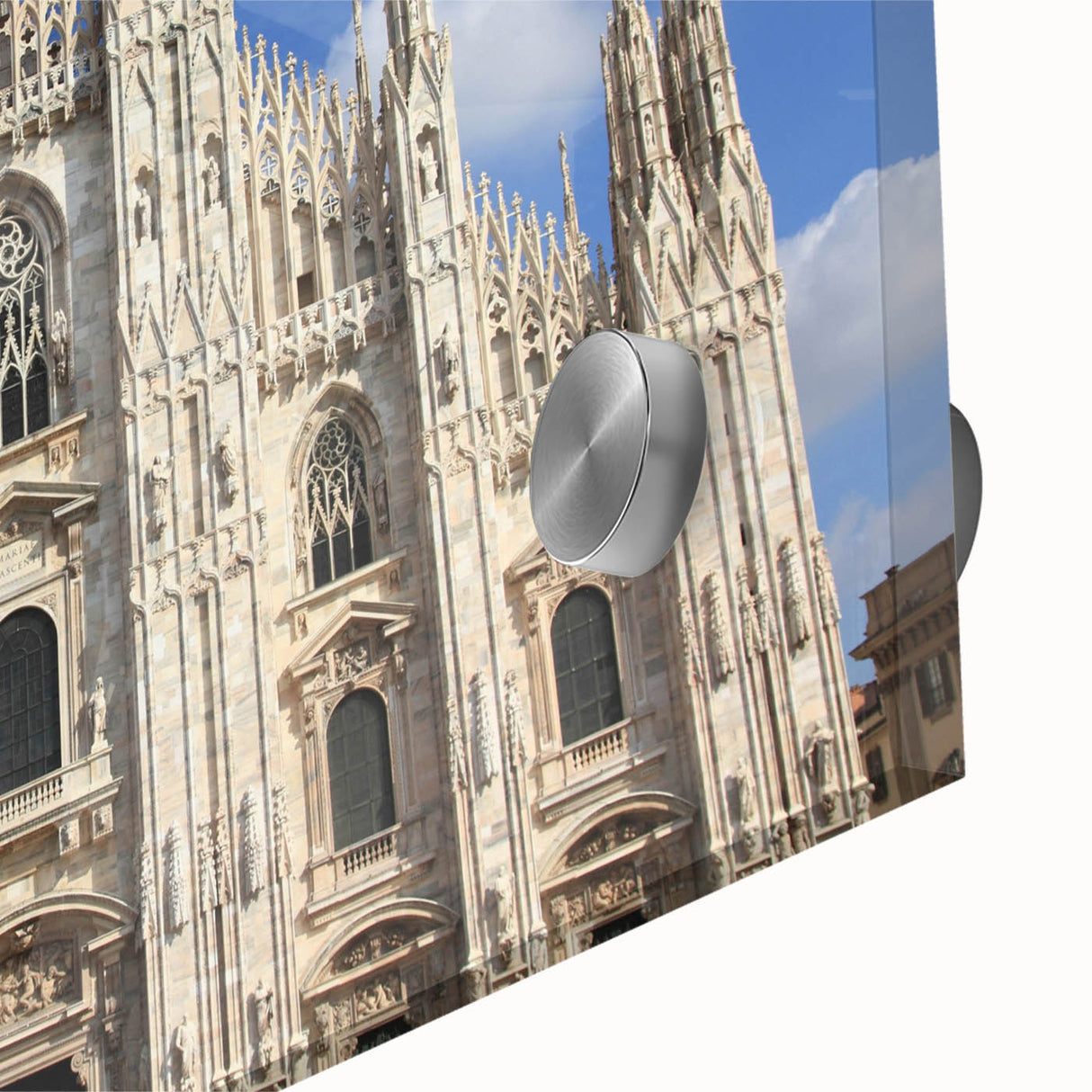 Large abstract wall art featuring a mid-century modernist cathedral design in muted gray and blue tones on acrylic.