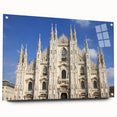 Acrylic print of a large abstract depiction of a cathedral, using muted gray and blue tones.