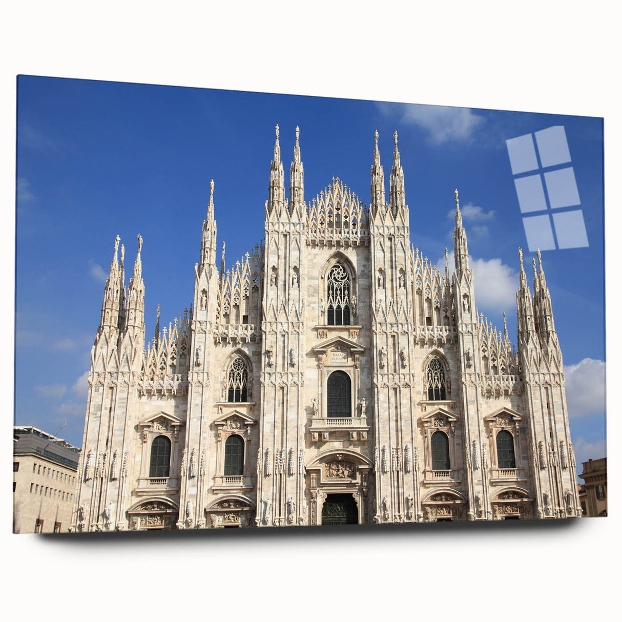 Large abstract wall art of a cathedral, in muted gray tones on acrylic glass, ideal for bedroom or dining room decor.