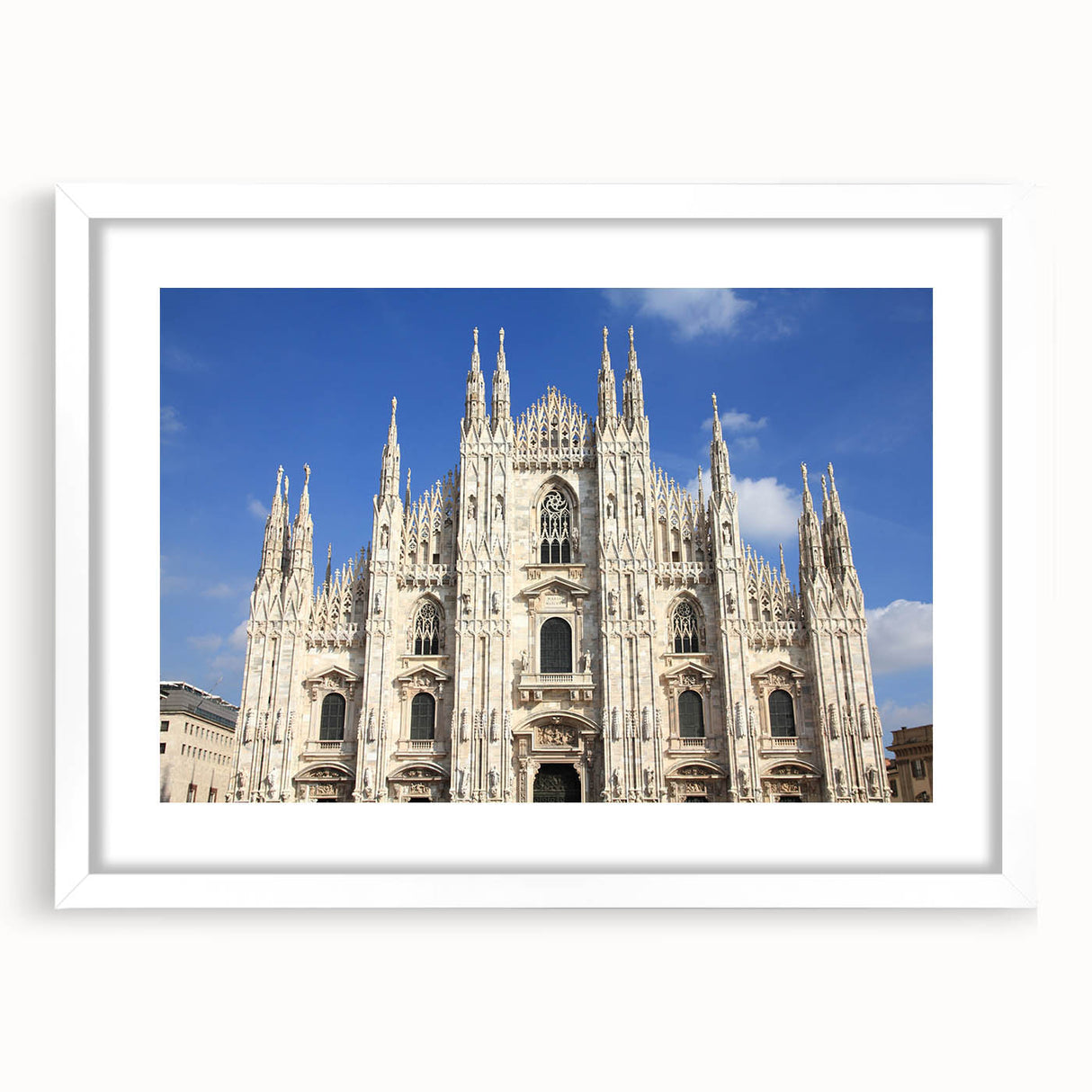 Extra large abstract art print of a cathedral, in muted earth tones on a white framed canvas, ideal for living room decor.