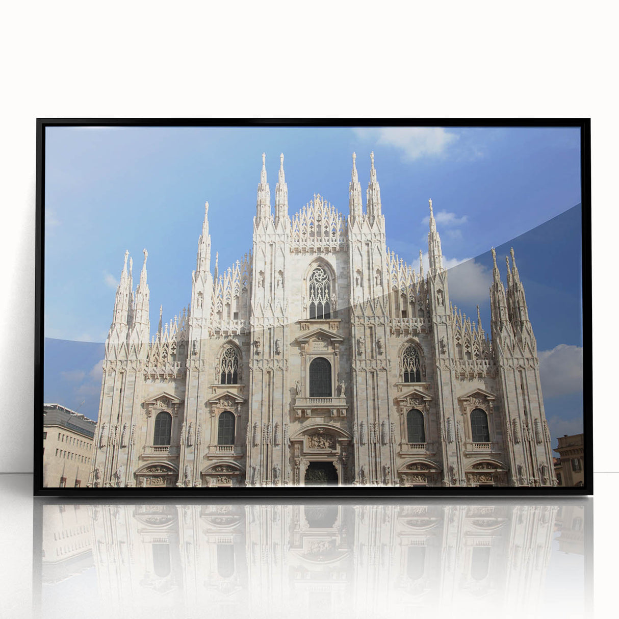 Large abstract wall art featuring a mid-century modernist cathedral design in black and grey tones, framed in acrylic.