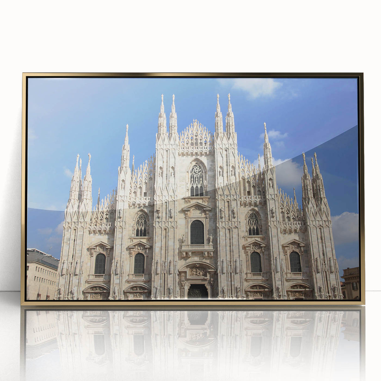 Mid-century modernist cathedral design in gold and white tones on an acrylic framed poster, suitable for nursery wall art.