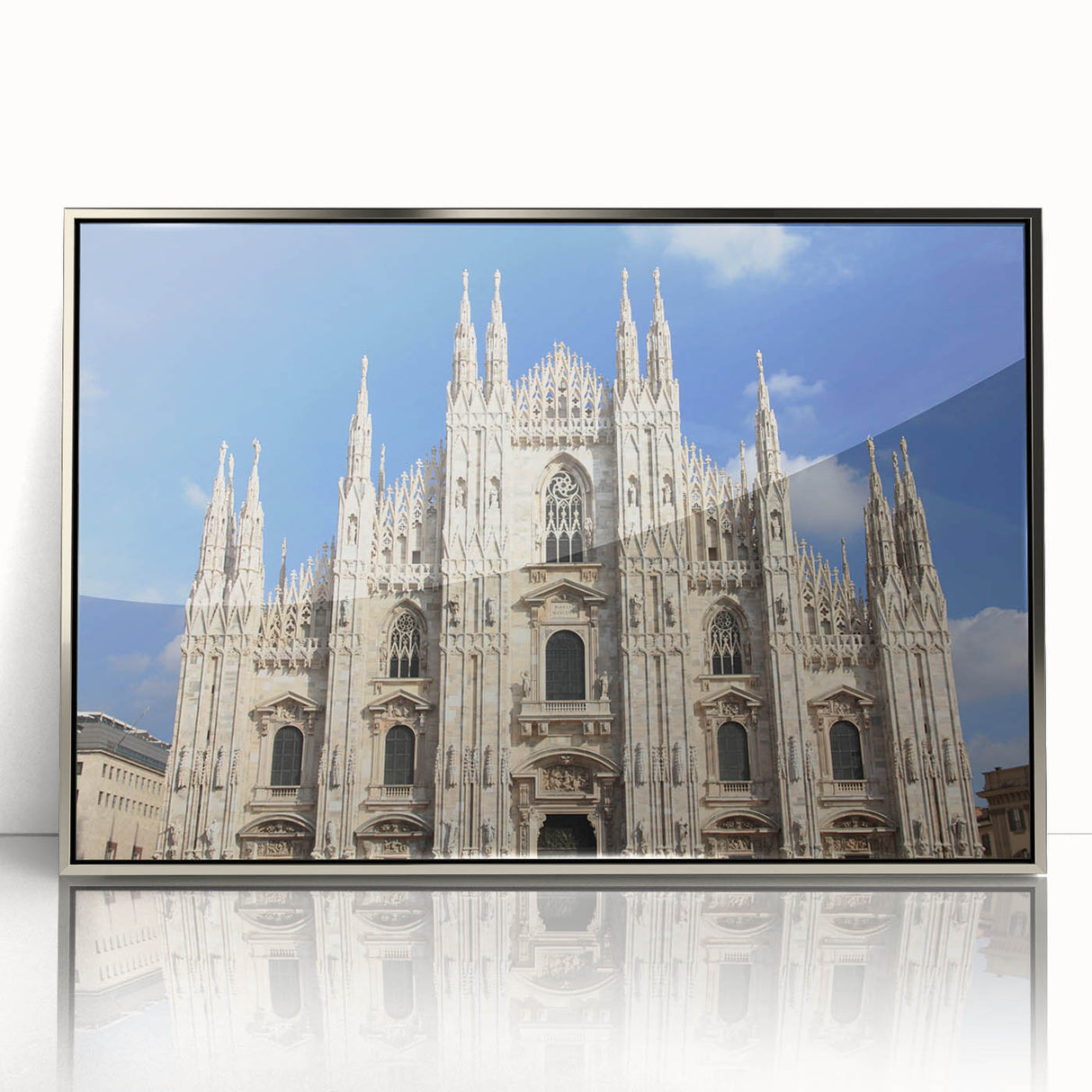 Art deco poster of a cathedral design in silver tones on framed acrylic, ideal for nursery wall art.