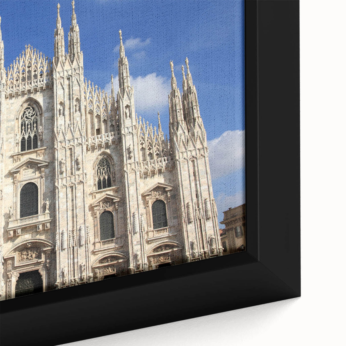 Extra large black wall art featuring a detailed cathedral design with colorful, textured accents on a framed canvas.