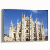 Vintage poster art of a cathedral, in muted black and colorful accents on a framed canvas, ideal for living room decor.
