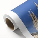 Art deco poster of a cathedral design in pastel blue and cream on rolled canvas, suitable for nursery wall art.