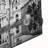 Large abstract wall art depicting a cathedral, in muted blue and gray tones on acrylic glass, ideal for dining room ambiance.