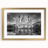 Textured abstract art print of a cathedral, in gold frame with mat, in muted earth tones, ideal for bedroom wall decor.