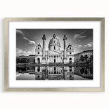 Abstract art print of a cathedral in silver frame with mat, featuring cool blue and gray tones, ideal for dining room decor.