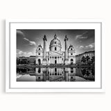 Extra large abstract art print of a cathedral, featuring textured grey and white tones, framed in white.