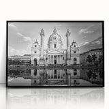 Large abstract wall art featuring a mid-century modernist cathedral design in black and white tones, framed in acrylic.