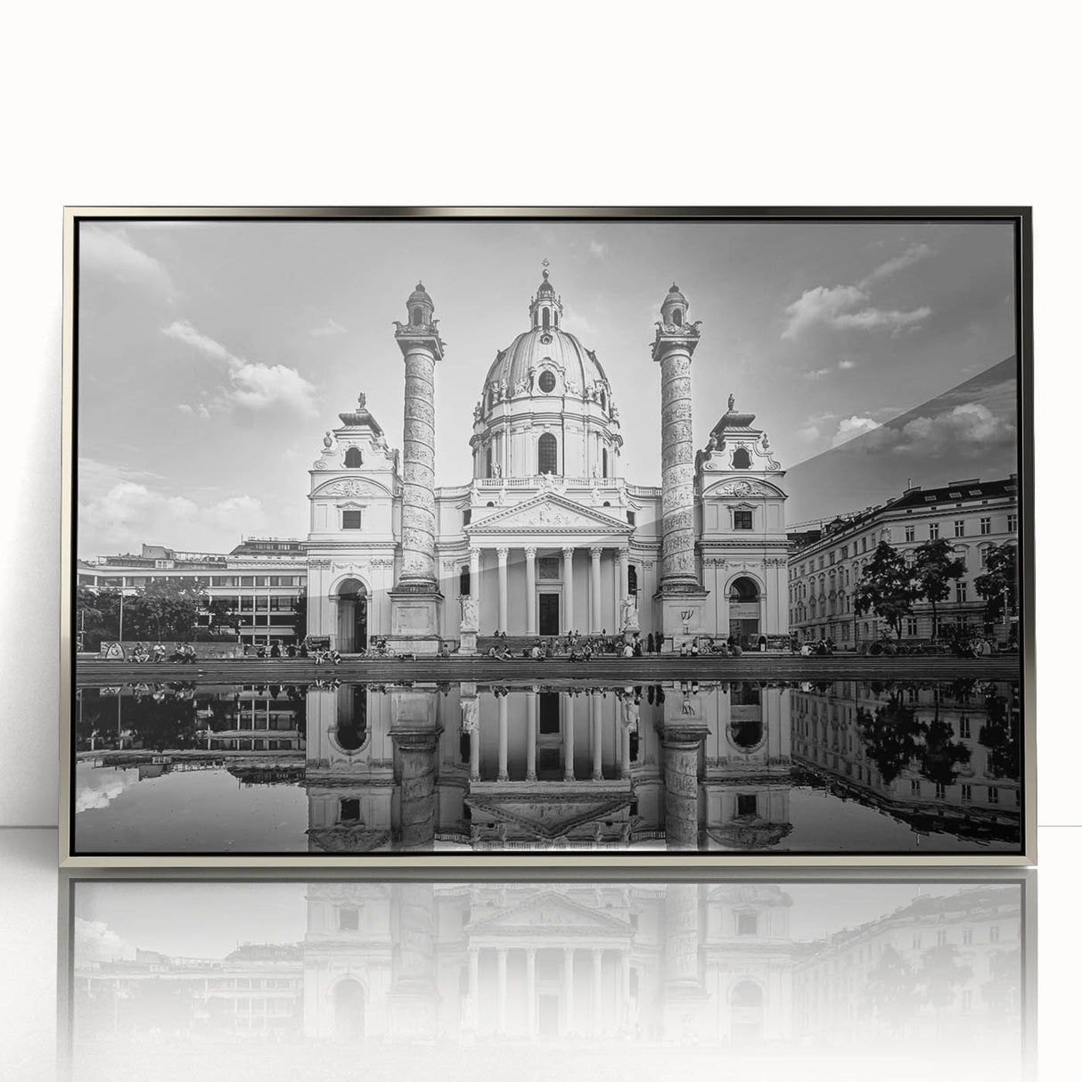 Art Deco style poster of a cathedral, in muted silver and gray tones, framed in acrylic, suitable for modern nursery decor.