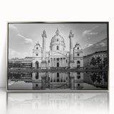 Art Deco style poster of a cathedral, in muted silver and gray tones, framed in acrylic, suitable for modern nursery decor.