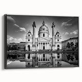 Black and white vintage poster art of a cathedral on framed canvas, ideal for bedroom wall decor.