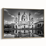 Landscape art painting of a cathedral, featuring a vintage poster style on a framed canvas, in black with colorful accents.