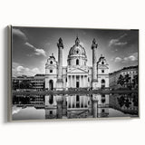 Vintage poster art of a cathedral design in colorful art palette on a large framed canvas, suitable for living room decor.