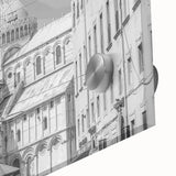 Large abstract wall art of a cathedral in mid-century modernist style on acrylic glass, ideal for dining room ambiance.