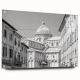 Acrylic print of a large abstract design in muted gray and blue tones, ideal for dining room decor.