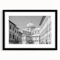 Extra large abstract art print of a colorful, textured cathedral, in a black frame with mat, ideal for living room decor.