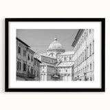 Extra large abstract art print of a colorful, textured cathedral, in a black frame with mat, ideal for living room decor.