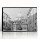 Large abstract wall art featuring a mid-century modernist cathedral design in muted tones on framed acrylic.
