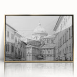 Mid-century modernist cathedral design in gold and white tones on a framed acrylic, ideal for nursery wall art.