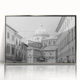 Art deco poster of a cathedral, in muted silver and gray tones, acrylic print framed.